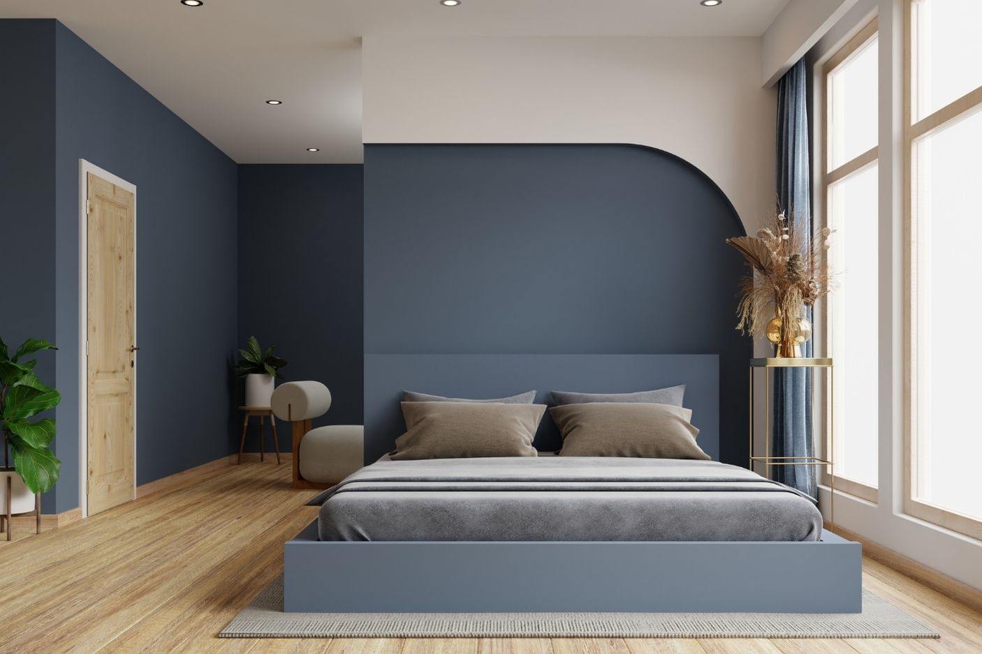 Elegáns hálószoba sötétszürke fal­színekkel, fa felületekkel és visszafogott hangulattal